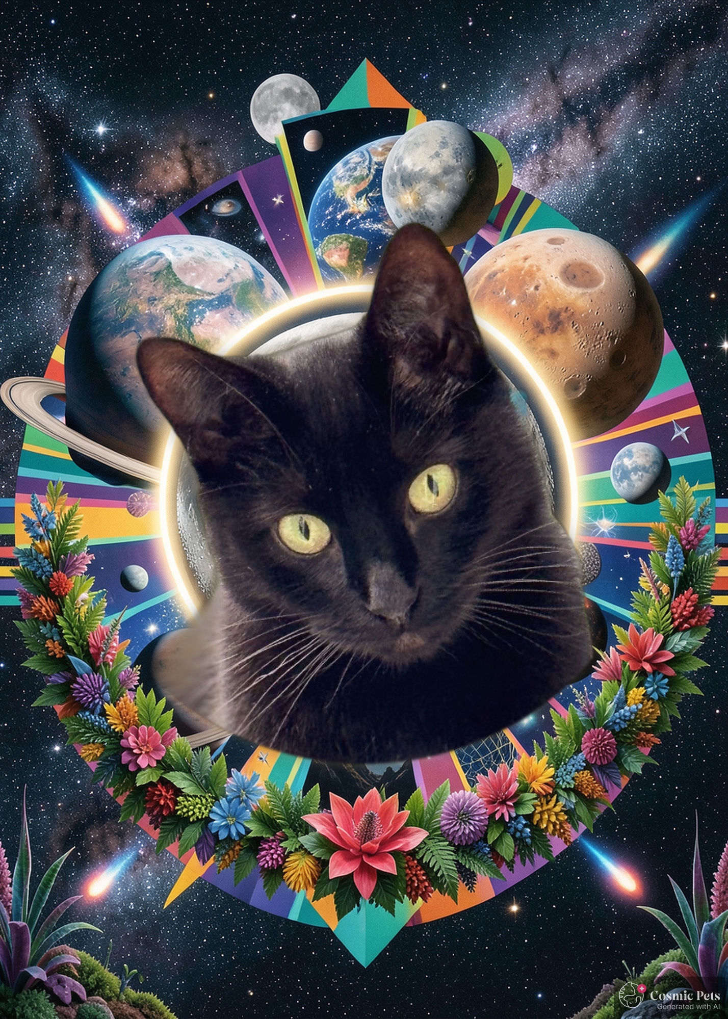 Mina, a black cat, portrayed as a cosmic being surrounded by planets and flowers