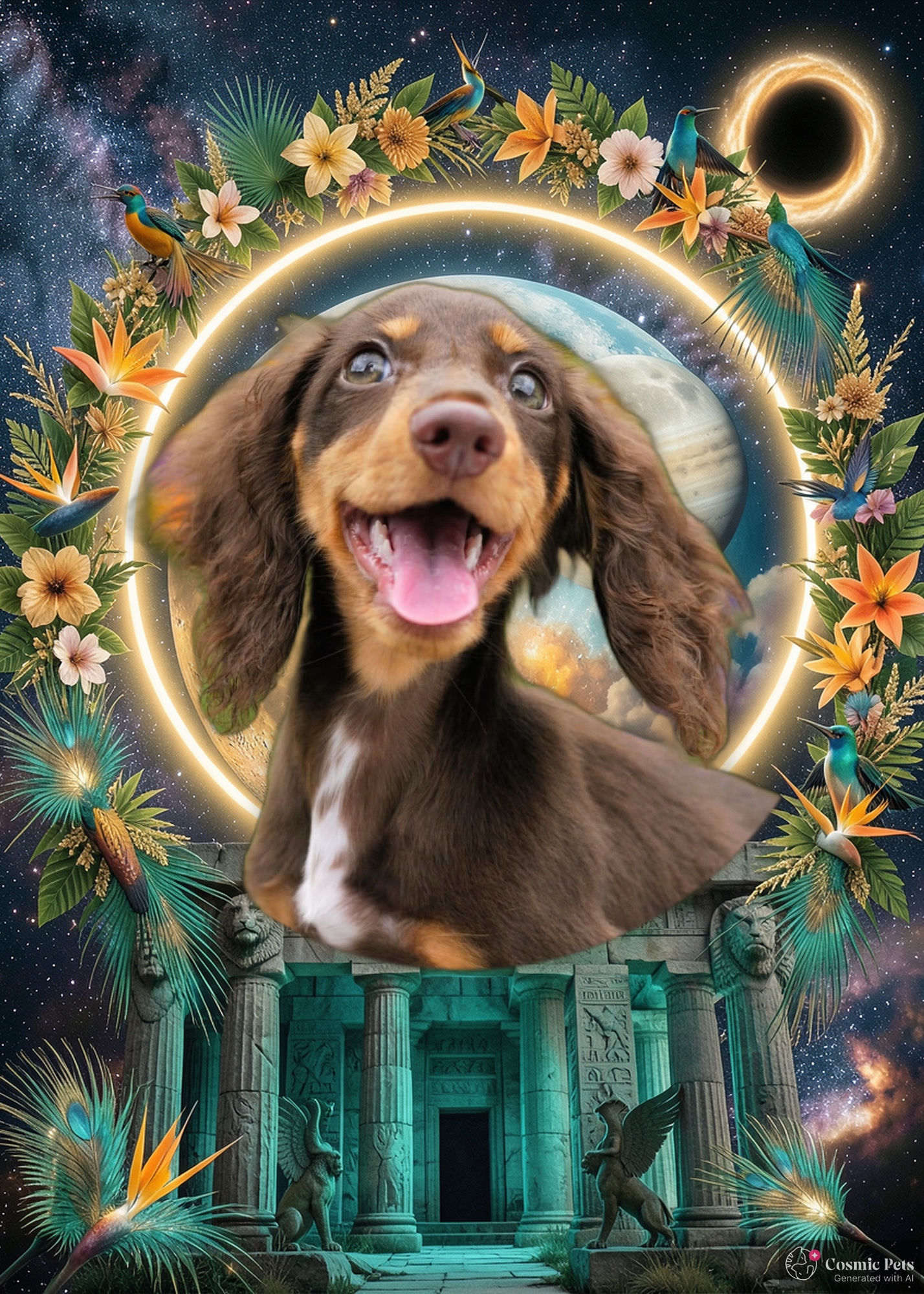 Poppy, a dachshund, guardian of the ancient sky