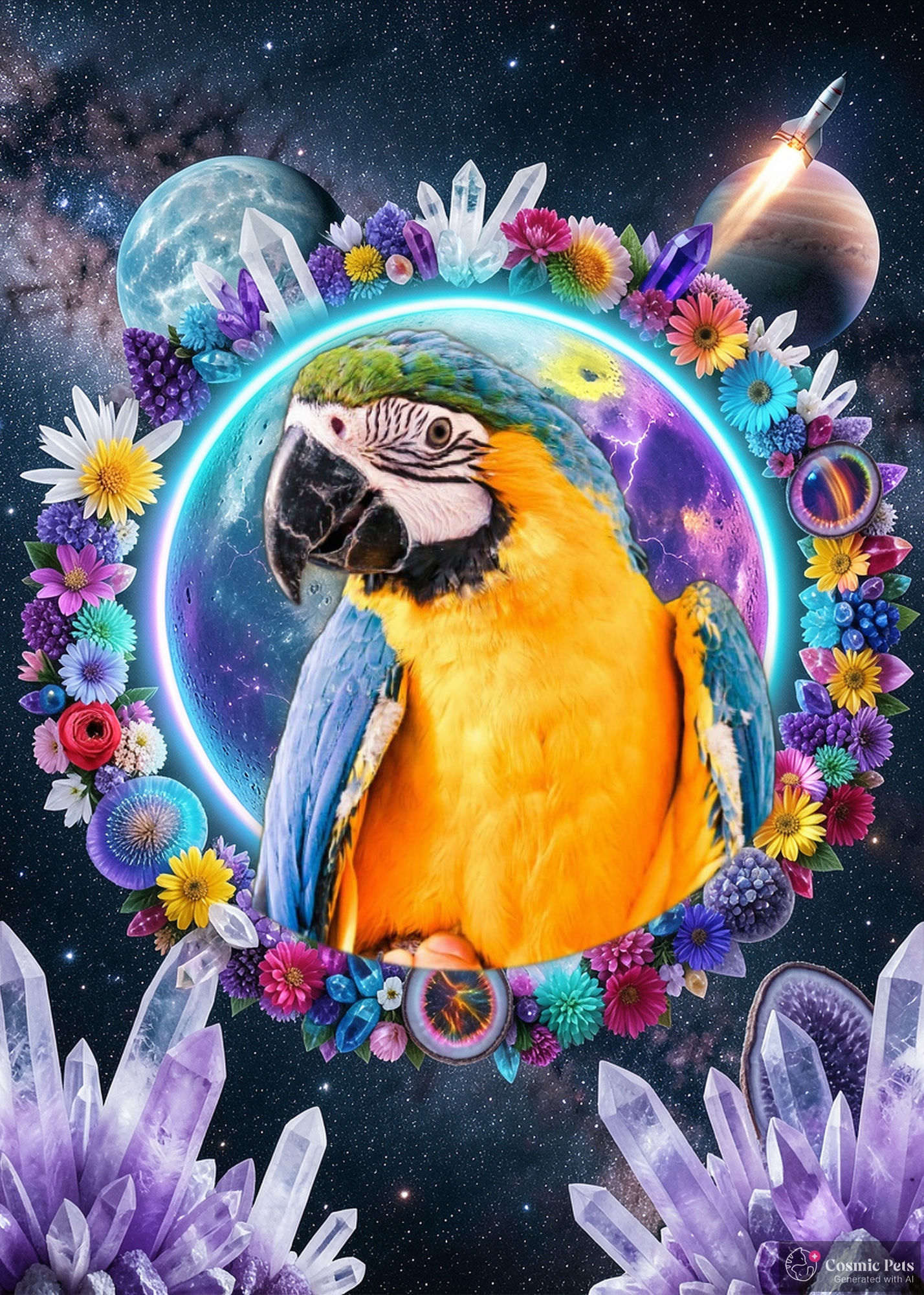 Tango, a blue-gold macaw, sovereign of the crystal court